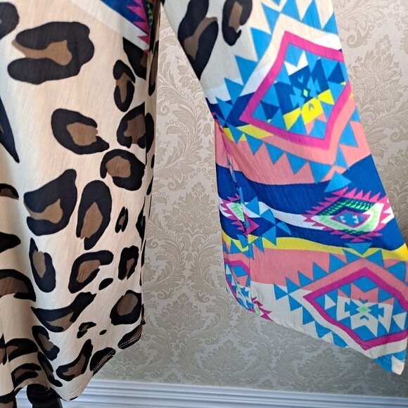 Kimono Open Front Southwestern/Leopard Print Shirttail Hem One Size Long Sleeve - Picture 6 of 10